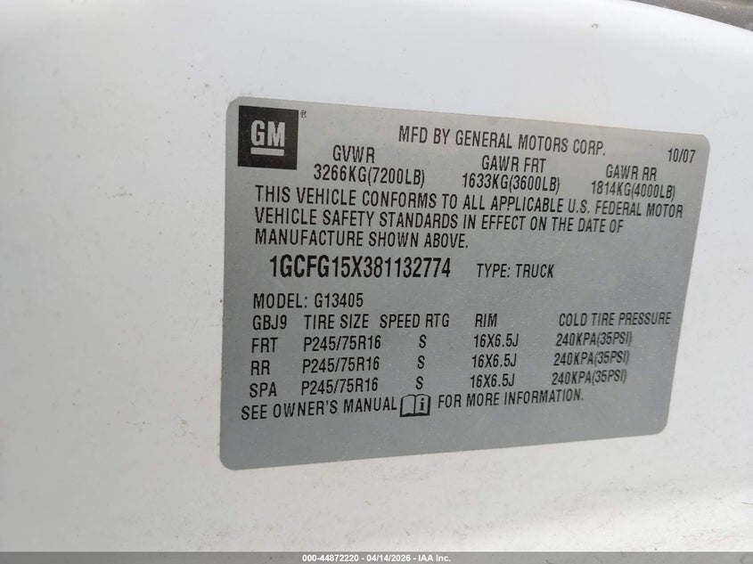 2008 Chevrolet Express Work Van VIN: 1GCFG15X381132774 Lot: 44872220