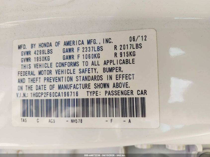 2012 Honda Accord 2.4 Se VIN: 1HGCP2F60CA196716 Lot: 44872236