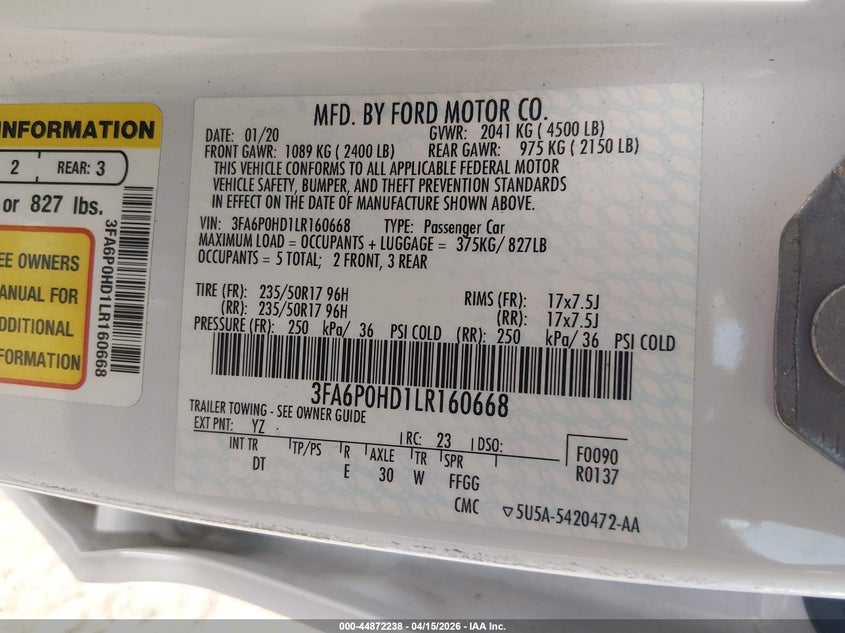 2020 Ford Fusion VIN: 3FA6POHD1LR160668 Lot: 44872238