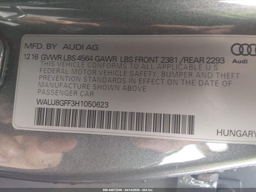 2017 Audi A3 2.0T Premium VIN: WAUJ8GFF3H1050623 Lot: 44872246