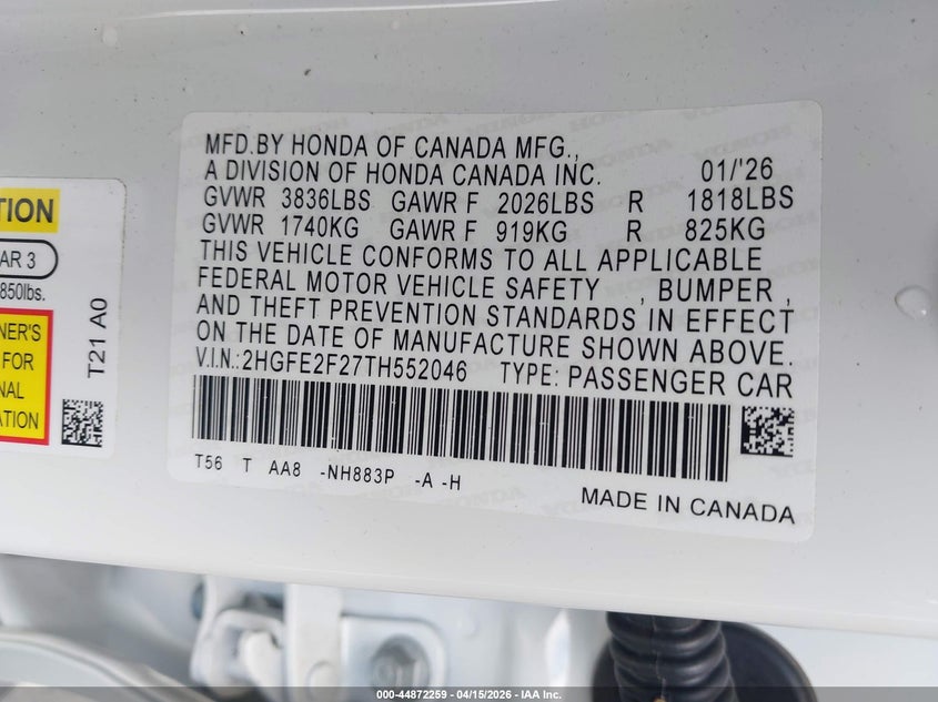 2026 Honda Civic 2.0 Lx white Lot 111044872259 Vin 2HGFE2F27TH552046