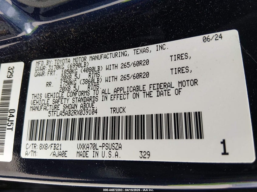 2024 Toyota Tundra Sr5 VIN: 5TFLA5AB2RX039104 Lot: 44872283