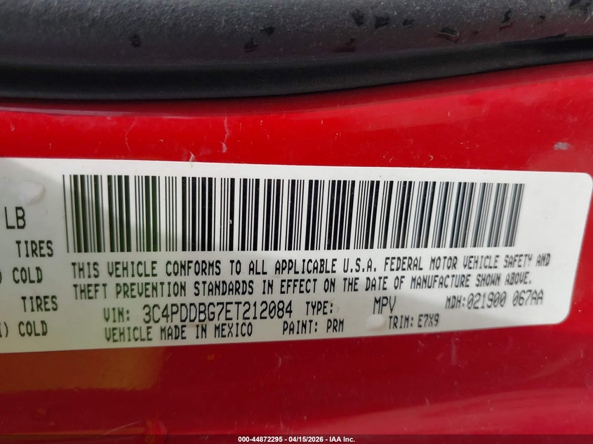 2014 Dodge Journey Sxt VIN: 3C4PDDBG7ET212084 Lot: 44872295