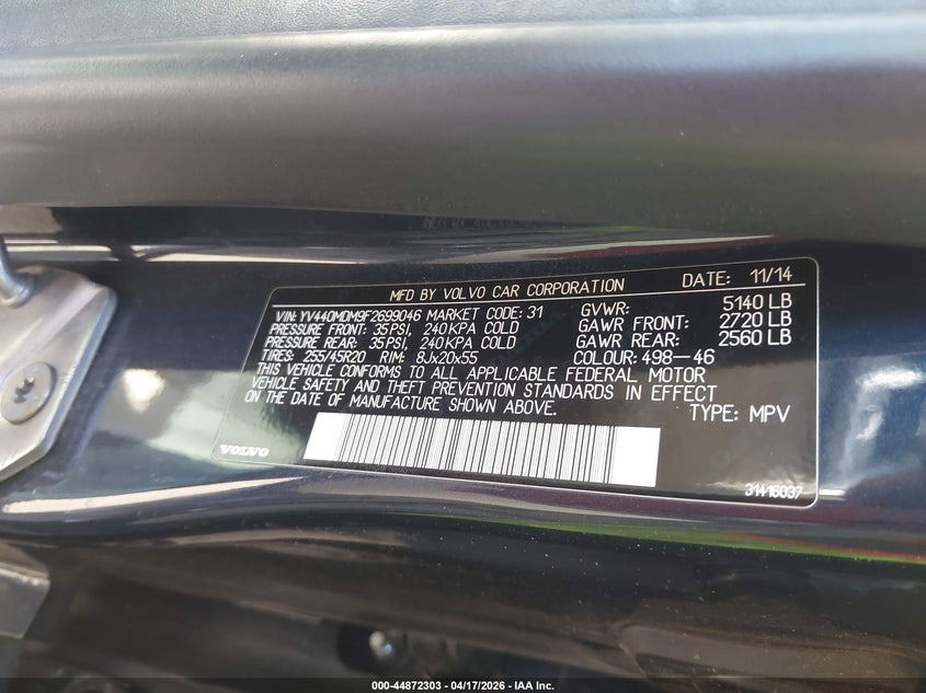 2015 Volvo Xc60 T5 Platinum VIN: YV440MDM9F2699046 Lot: 44872303