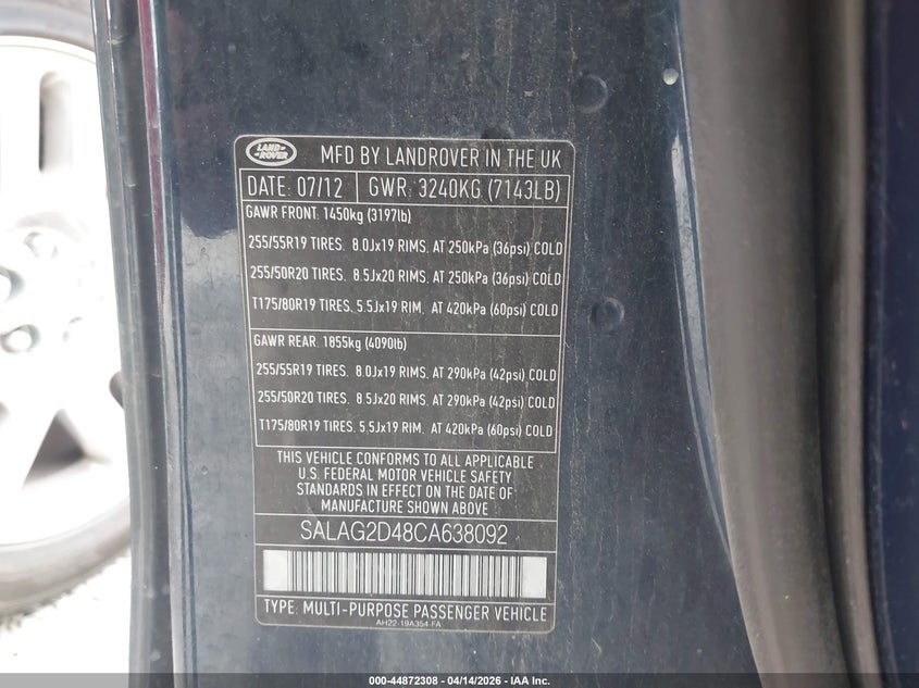 2012 Land Rover Lr4 VIN: SALAG2D48CA638092 Lot: 44872308