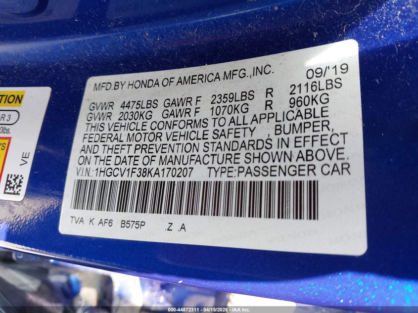 2019 Honda Accord Sport VIN: 1HGCV1F38KA170207 Lot: 44872311