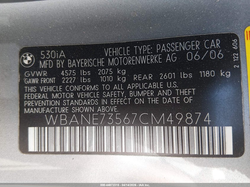 2007 BMW 530I VIN: WBANE73567CM49874 Lot: 44872315