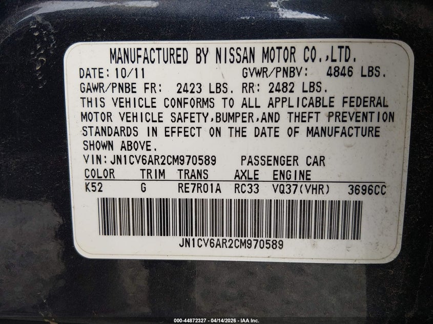 2012 Infiniti G37X VIN: JN1CV6AR2CM970589 Lot: 44872327