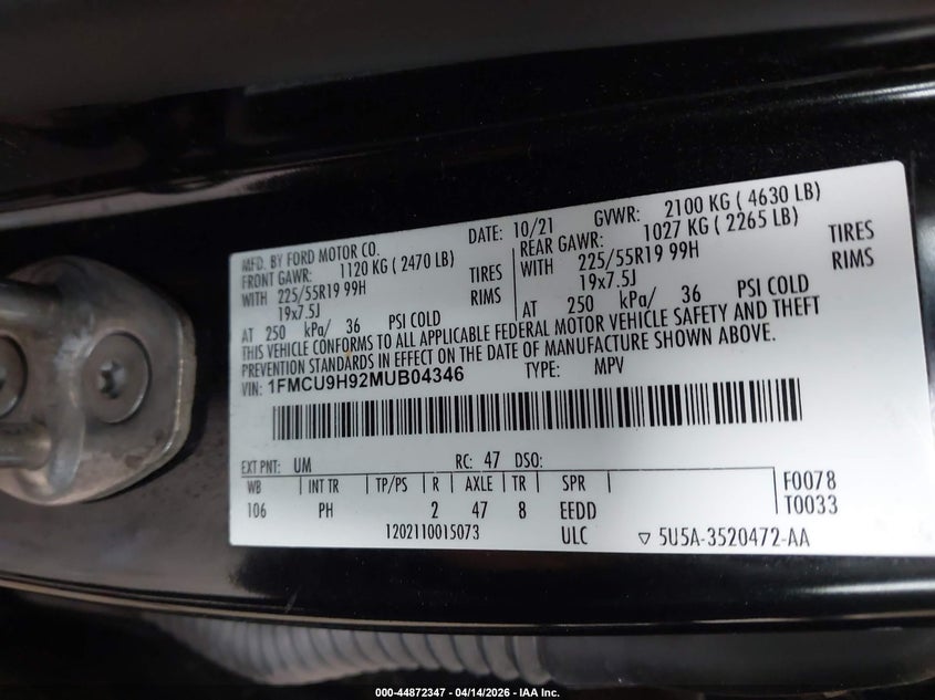 2021 Ford Escape Sel VIN: 1FMCU9H92MUB04346 Lot: 44872347