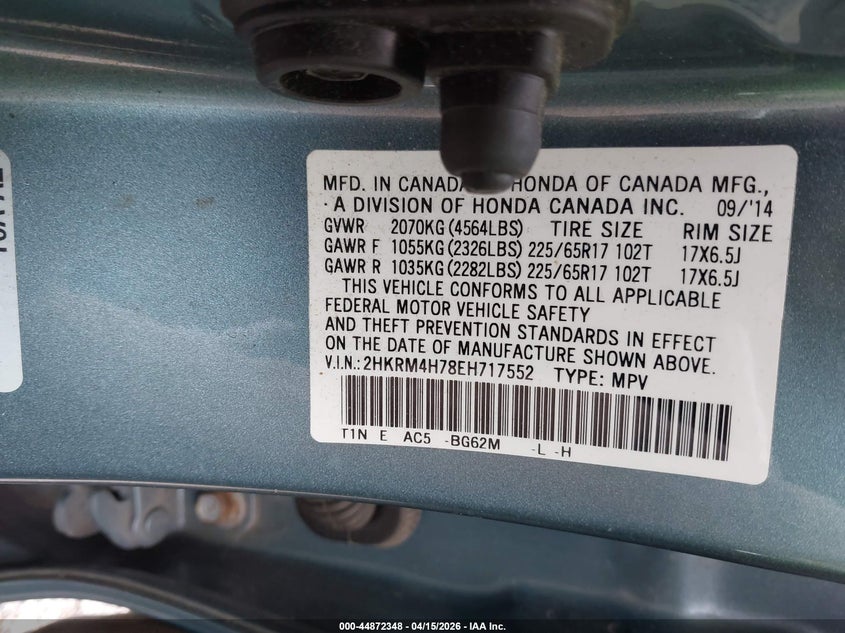 2014 Honda Cr-V Ex-L VIN: 2HKRM4H78EH717552 Lot: 44872348