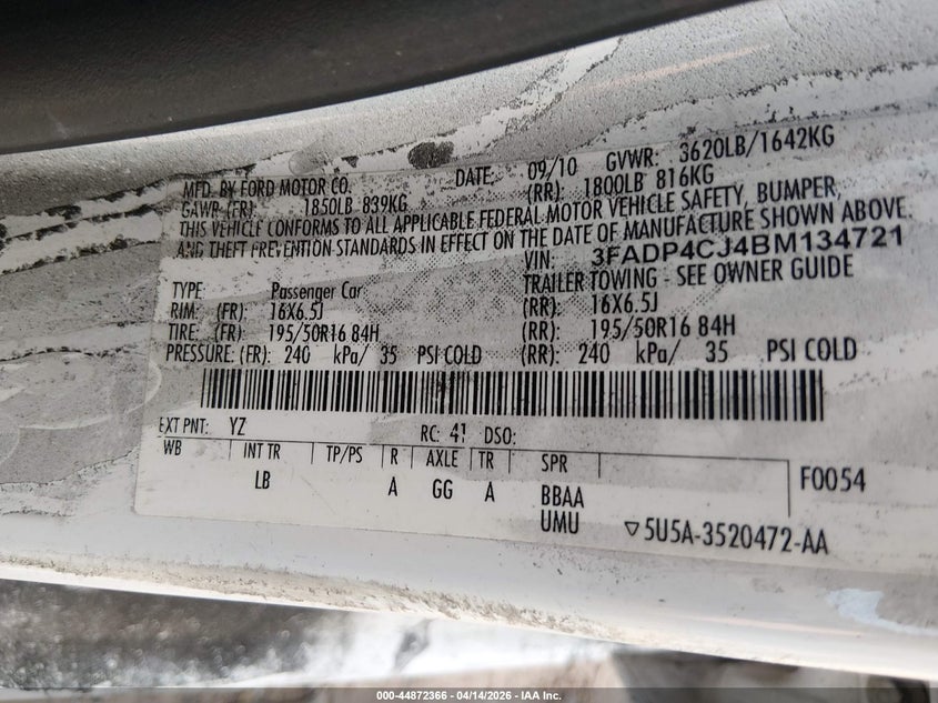 2011 Ford Fiesta Sel VIN: 3FADP4CJ4BM134721 Lot: 44872366