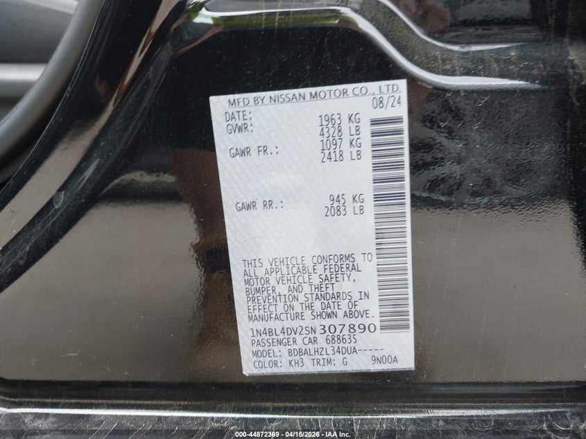 2025 Nissan Altima Sv Fwd VIN: 1N4BL4DV2SN307890 Lot: 44872369