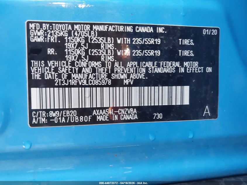 VIN 2T3J1RFV9LC085978 2020 TOYOTA RAV4 ADVENTURE
