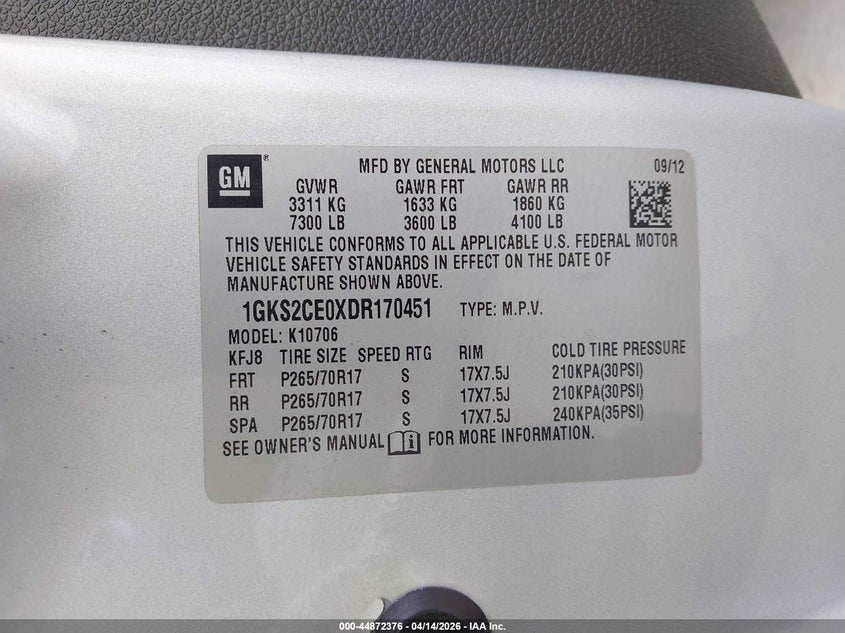 2013 GMC Yukon Slt VIN: 1GKS2CE0XDR170451 Lot: 44872376