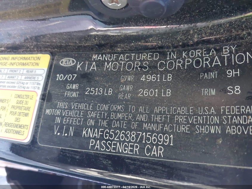 2008 Kia Rondo Lx V6 VIN: KNAFG526387156991 Lot: 44872377