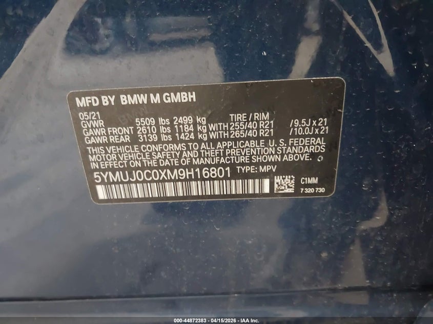 2021 BMW X4 M VIN: 5YMUJ0C0XM9H16801 Lot: 44872383