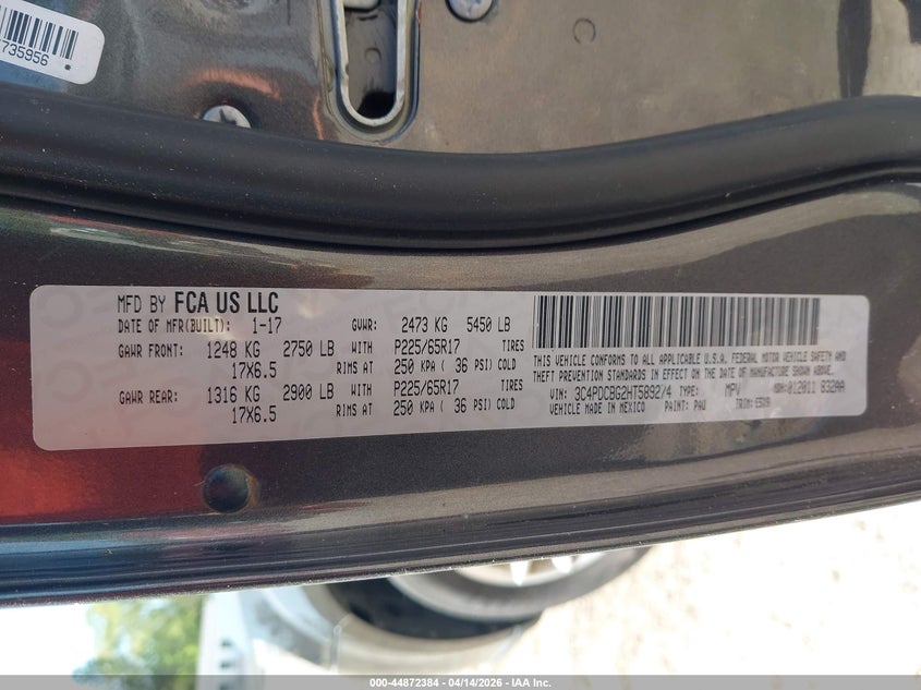 2017 Dodge Journey Sxt VIN: 3C4PDCBG2HT589274 Lot: 44872384