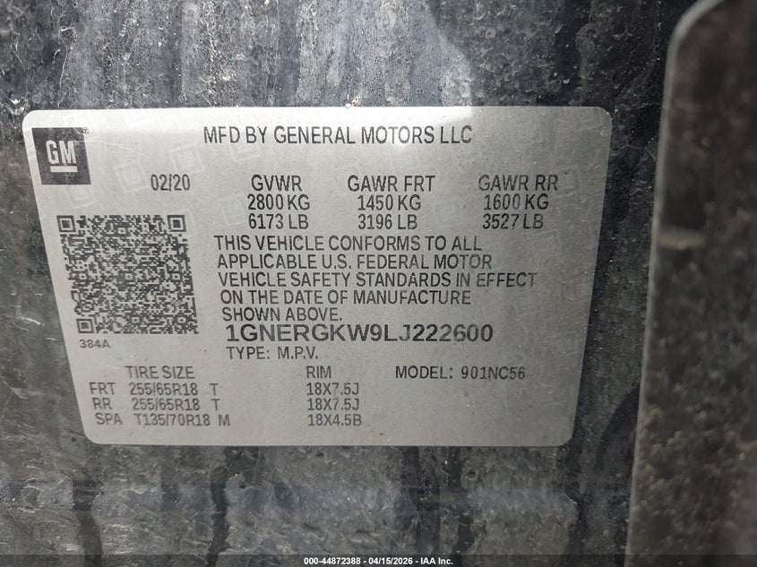 2020 Chevrolet Traverse Fwd Lt Cloth VIN: 1GNERGKW9LJ222600 Lot: 44872388