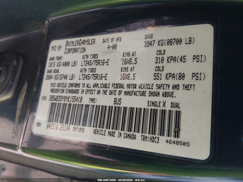 2000 Dodge Ram Wagon 3500 VIN: 2B5WB35Y8YK155418 Lot: 44872405
