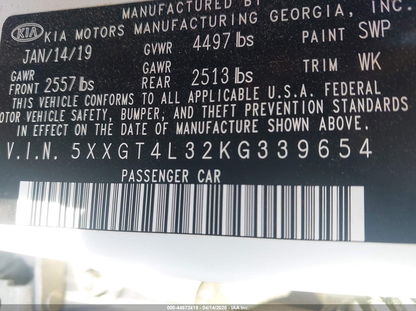 2019 Kia Optima Lx VIN: 5XXGT4L32KG339654 Lot: 44872419