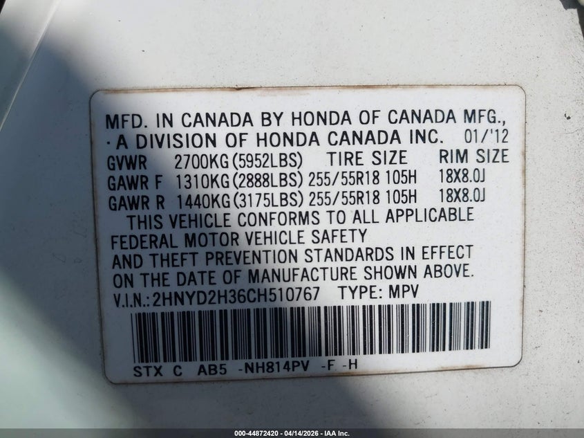 2012 Acura Mdx Technology Package VIN: 2HNYD2H36CH510767 Lot: 44872420