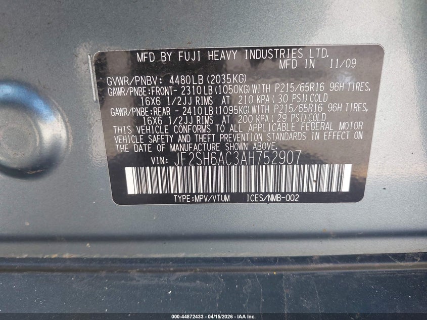 2010 Subaru Forester 2.5X VIN: JF2SH6AC3AH752907 Lot: 44872433