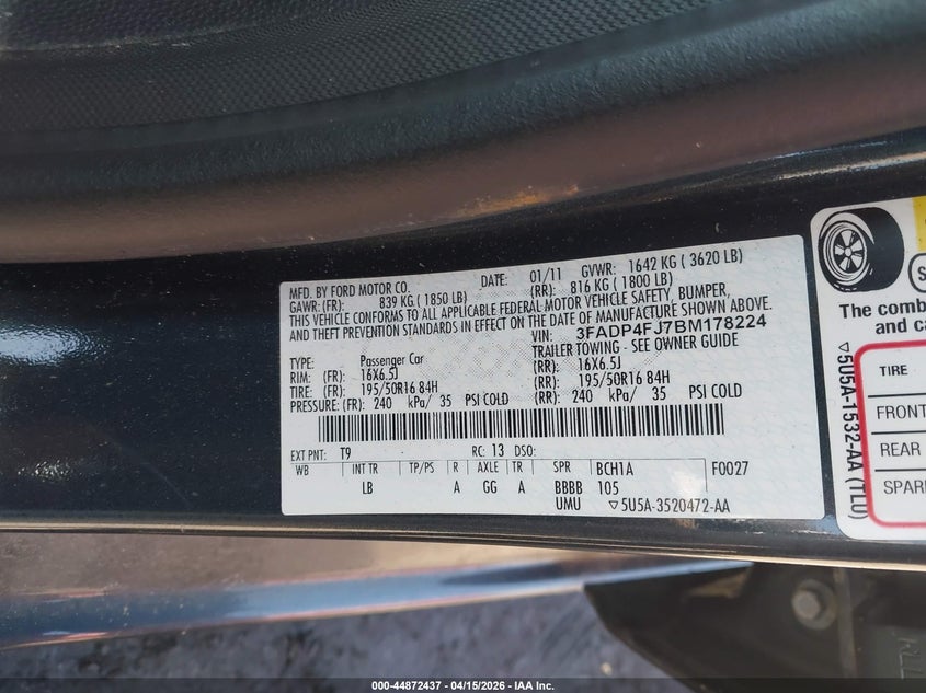 2011 Ford Fiesta Ses VIN: 3FADP4FJ7BM178224 Lot: 44872437