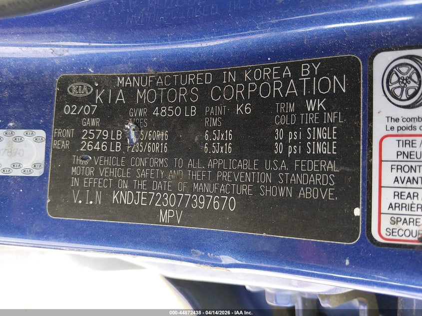 2007 Kia Sportage Ex V6 VIN: KNDJE723077397670 Lot: 44872438