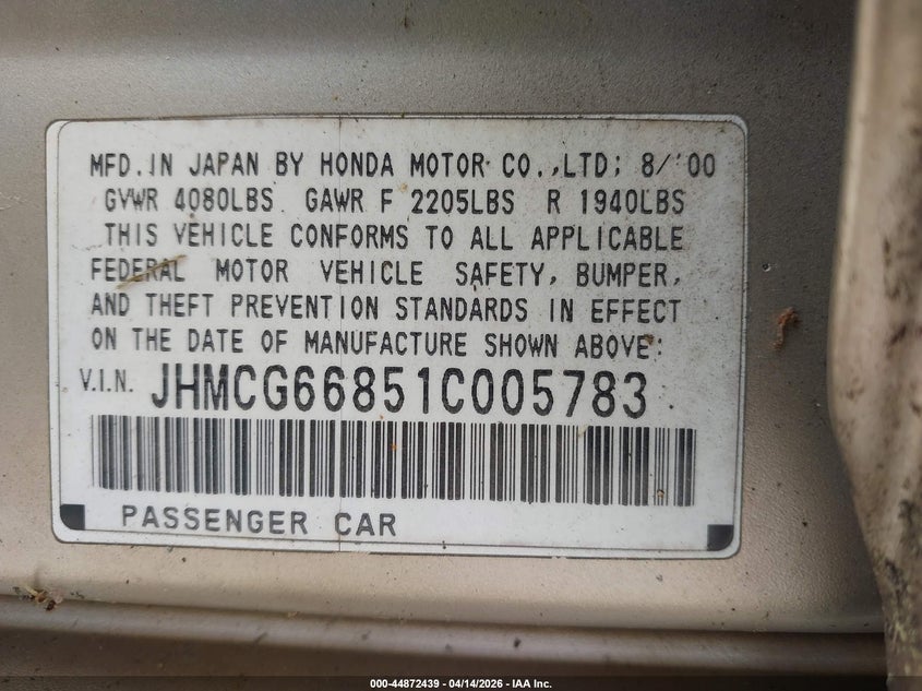 2001 Honda Accord 2.3 Ex VIN: JHMCG66851C005783 Lot: 44872439