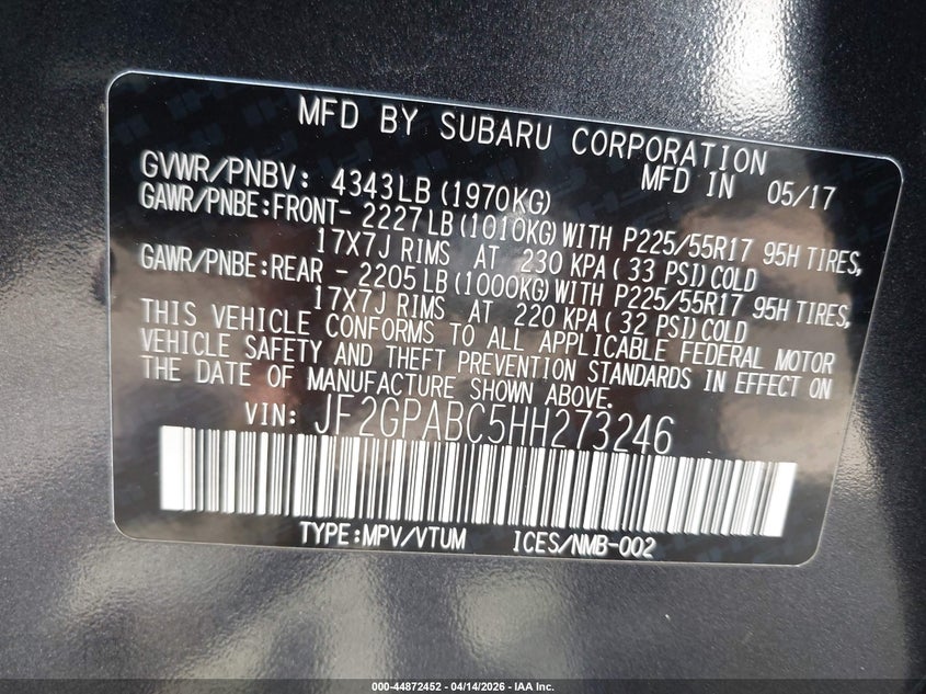 2017 Subaru Crosstrek 2.0I Premium VIN: JF2GPABC5HH273246 Lot: 44872452