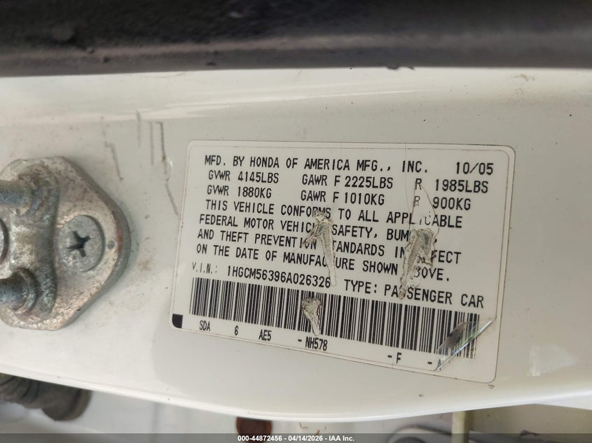 2006 Honda Accord 2.4 Se VIN: 1HGCM56396A026326 Lot: 44872456