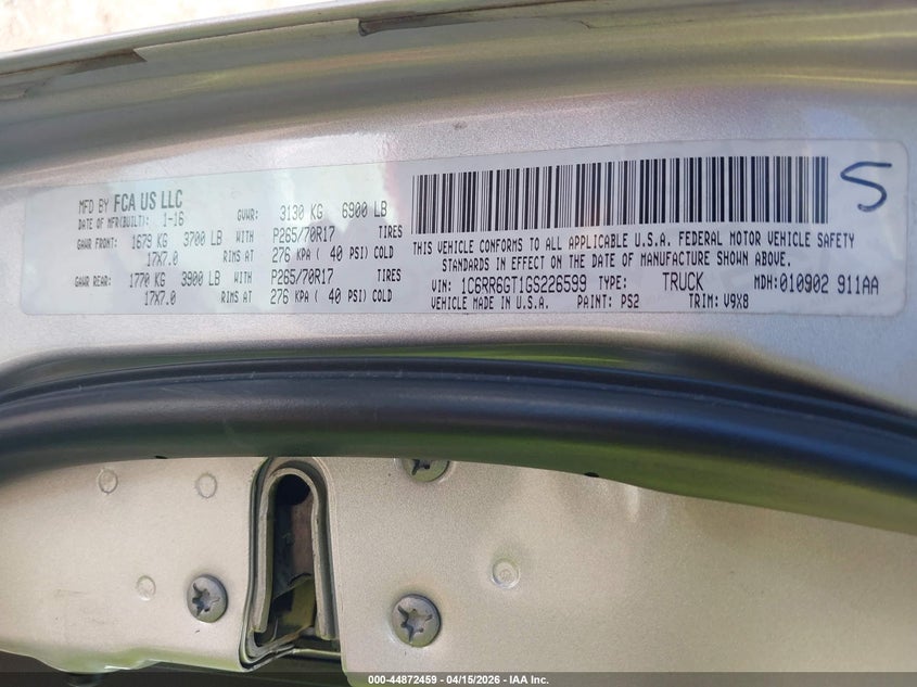 2016 Ram 1500 Slt VIN: 1C6RR6GT1GF226599 Lot: 44872459