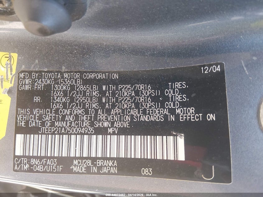 2005 Toyota Highlander V6 VIN: JTEEP21A750094935 Lot: 44872462