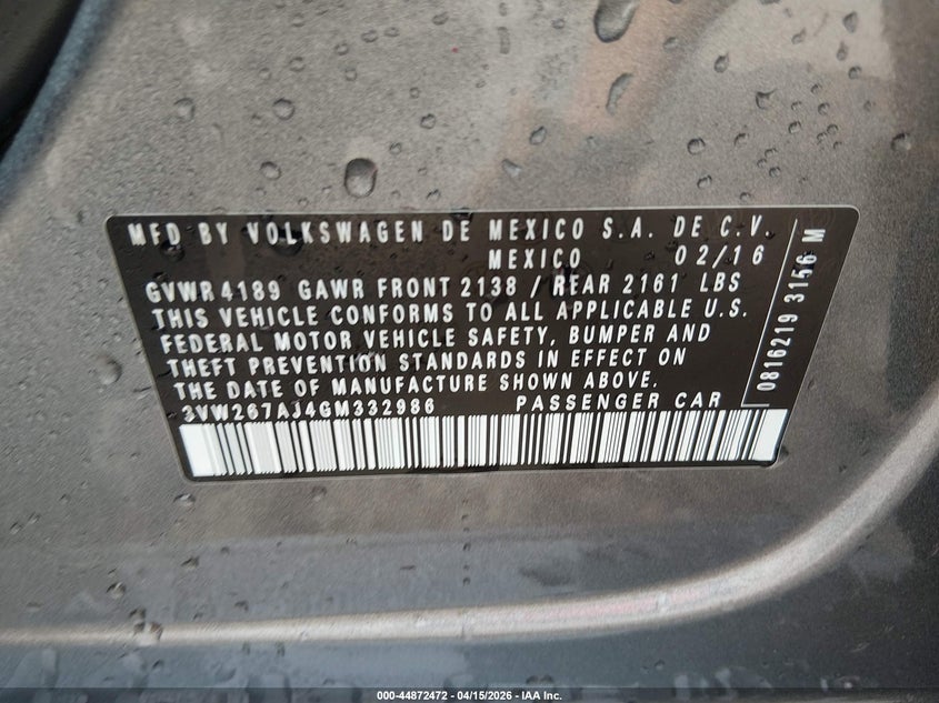 2016 Volkswagen Jetta 1.4T S VIN: 3VW267AJ4GM332986 Lot: 44872472