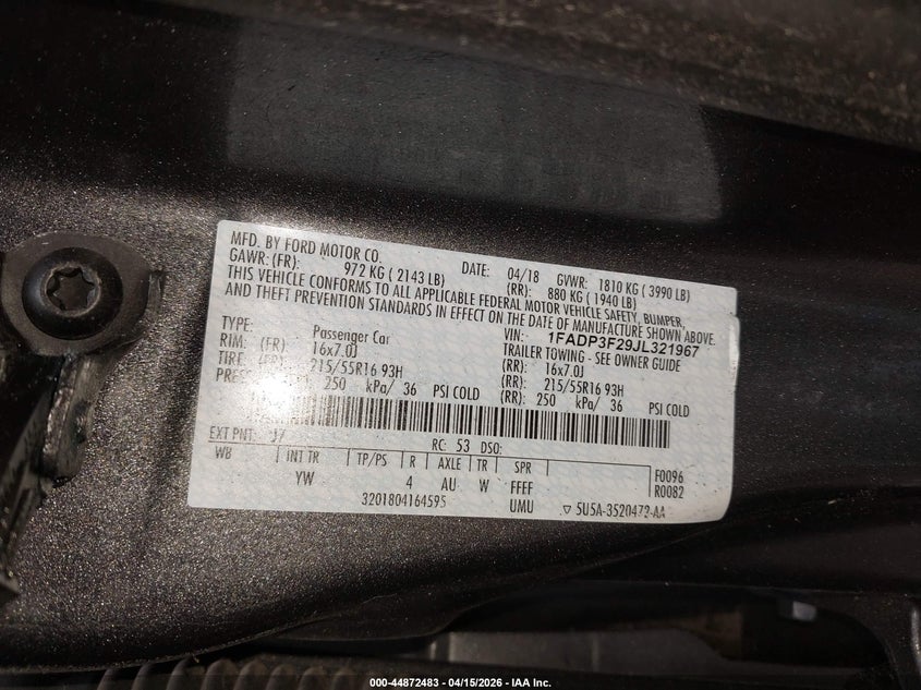 2018 Ford Focus Se VIN: 1FADP3F29JL321967 Lot: 44872483