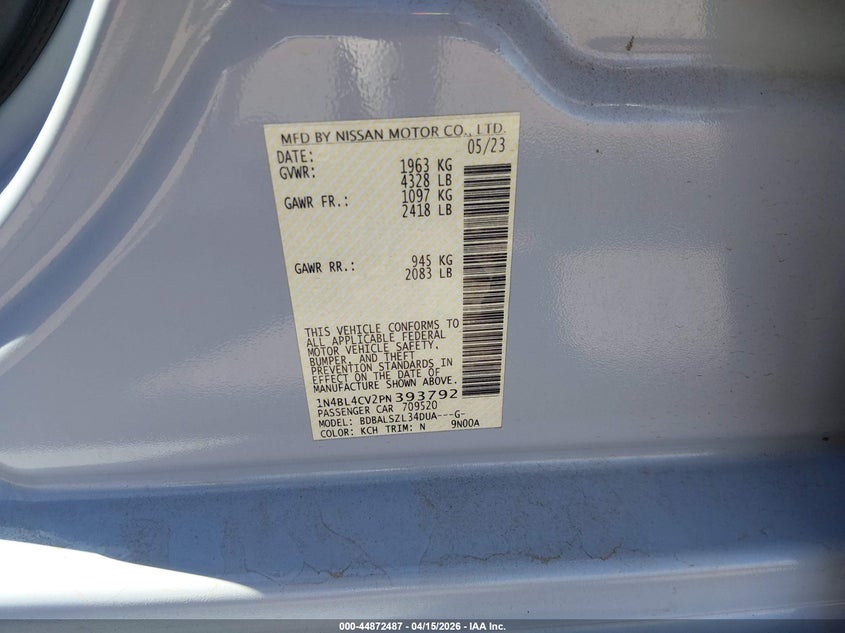 2023 Nissan Altima Sr Fwd VIN: 1N4BL4CV2PN393792 Lot: 44872487