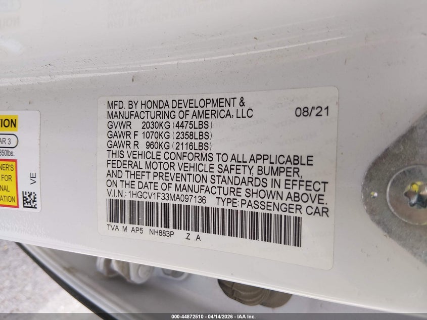 2021 Honda Accord Sport VIN: 1HGCV1F33MA097136 Lot: 44872510