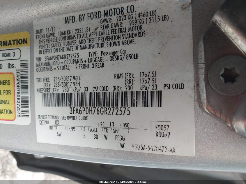 2016 Ford Fusion Se VIN: 3FA6P0H76GR272575 Lot: 44872517