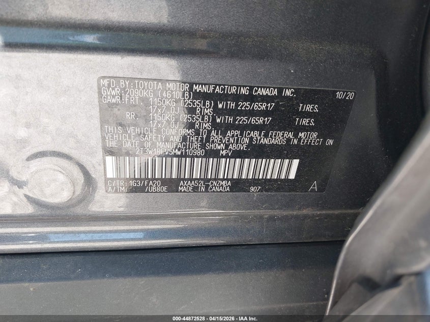 2021 Toyota Rav4 Xle VIN: 2T3W1RFV5MW110980 Lot: 44872528