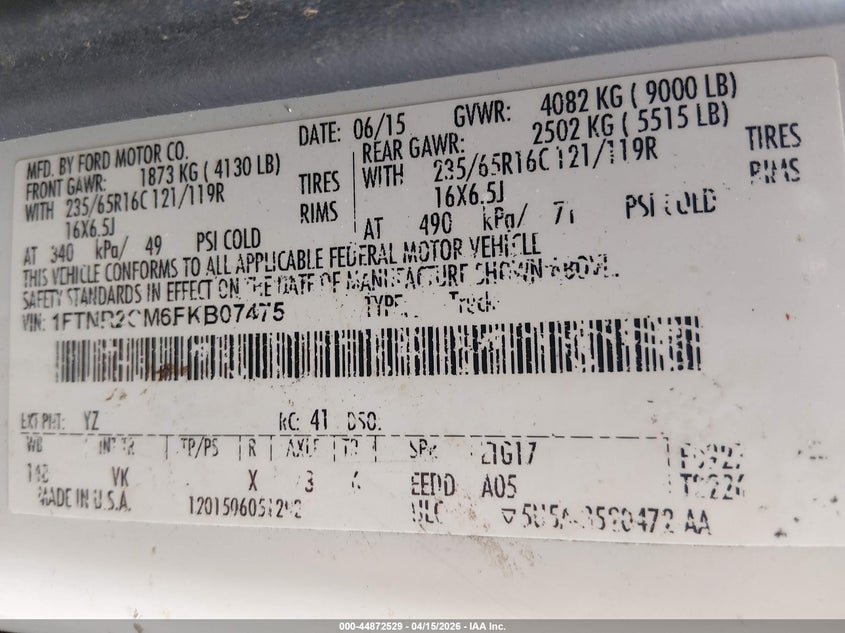 2015 Ford Transit-250 VIN: 1FTNR2CM6FKB07475 Lot: 44872529
