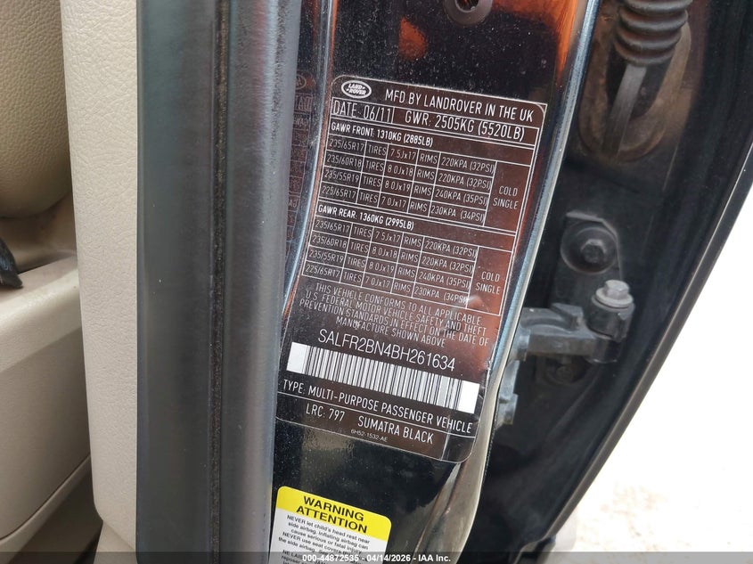 2011 Land Rover Lr2 VIN: SALFR2BN4BH261634 Lot: 44872535