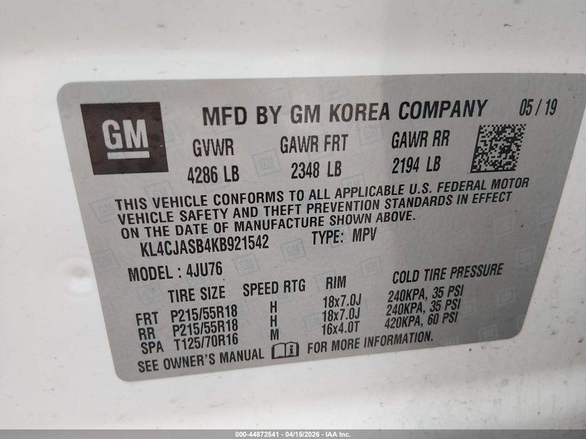 2019 Buick Encore Fwd Preferred VIN: KL4CJASB4KB921542 Lot: 44872541