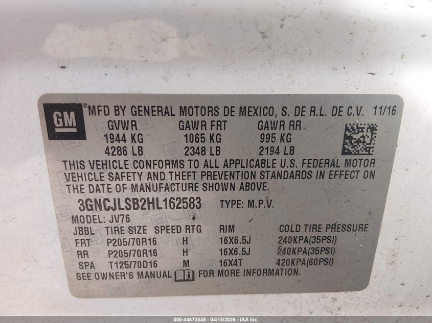 2017 Chevrolet Trax Lt VIN: 3GNCJLSB2HL162583 Lot: 44872549