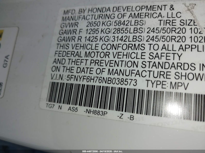 2022 Honda Pilot Awd Black Edition VIN: 5FNYF6H76NB038573 Lot: 44872556