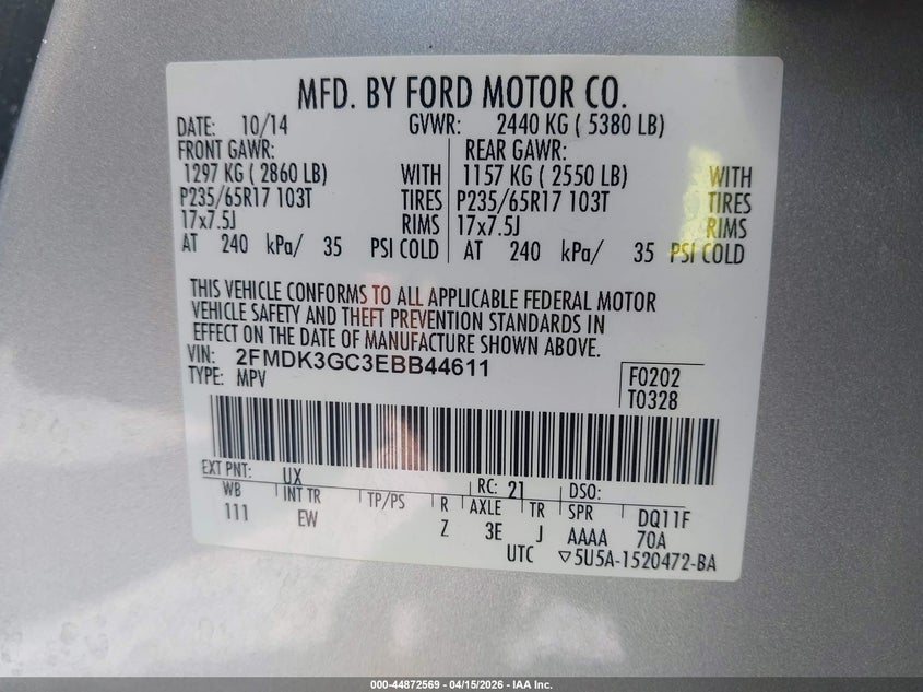 2014 Ford Edge Se VIN: 2FMDK3GC3EBB44611 Lot: 44872569