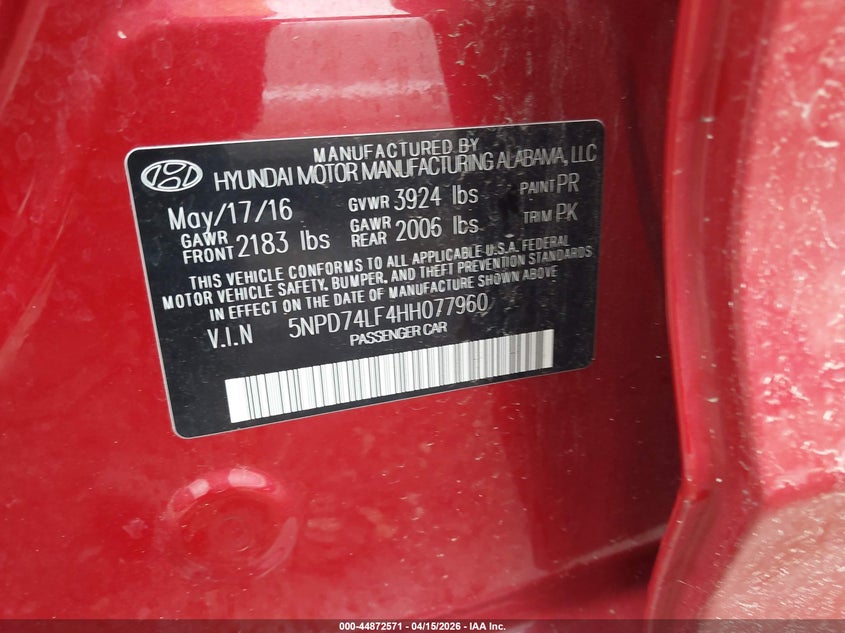 2017 Hyundai Elantra Se VIN: 5NPD74LF4HH077960 Lot: 44872571