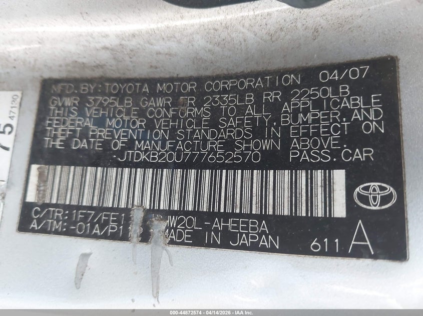 2007 Toyota Prius VIN: JTDKB20U777652570 Lot: 44872574