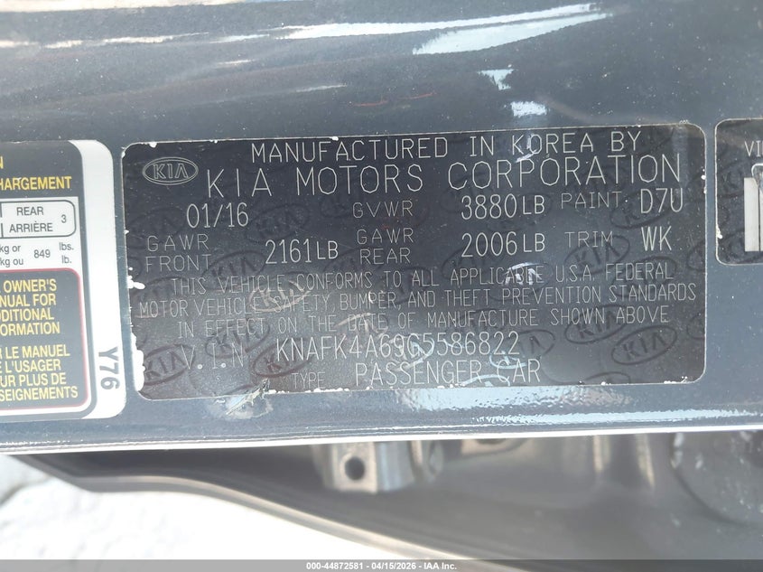 2016 Kia Forte Lx VIN: KNAFK4A69G5586822 Lot: 44872581