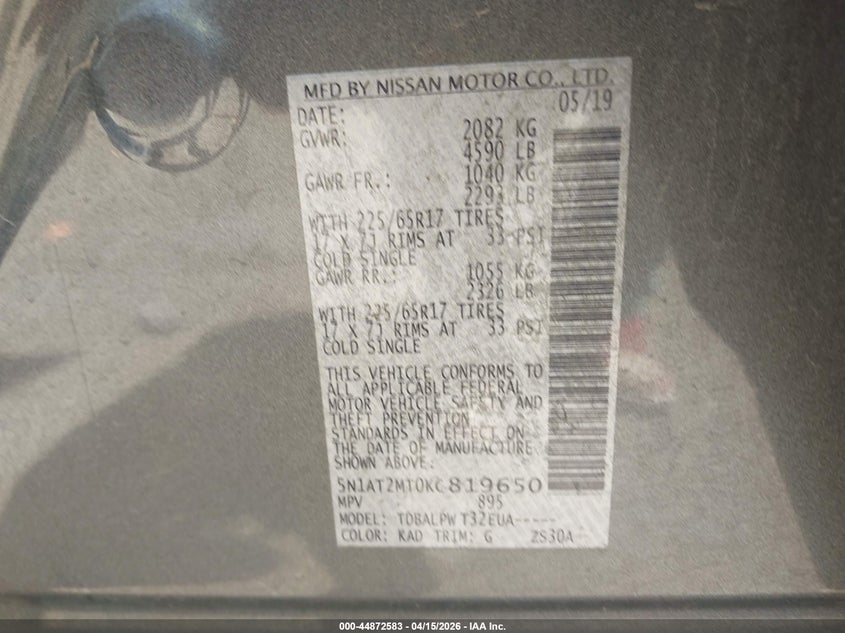 2019 Nissan Rogue S VIN: 5N1AT2MT0KC819650 Lot: 44872583