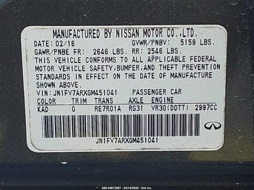 2016 Infiniti Q50 3.0T Red Sport 400 VIN: JN1FV7ARXGM451041 Lot: 44872587